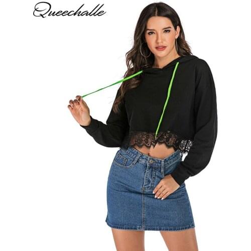 Black Hoodies Women 2020 Spring Short Style Lace Patchwork Casual Hoody for Woman Drop-shoulder Sleeve Hoodies Sweatshirt Tops