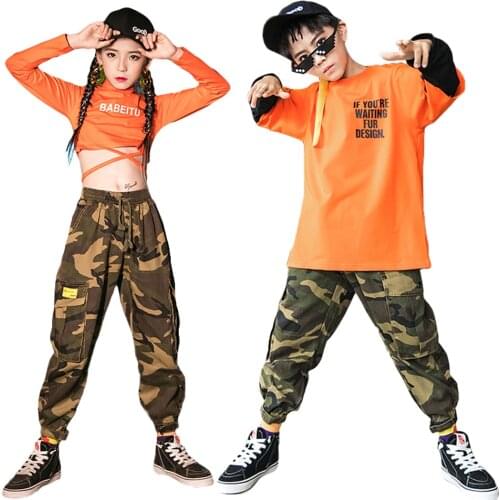 Lolanta Kids Hip Hop Stree Dance Clothes Girl Orange Crop Tops Boys Long Sleeve Tshirt Or Loose Jopping Pants Sport Wear