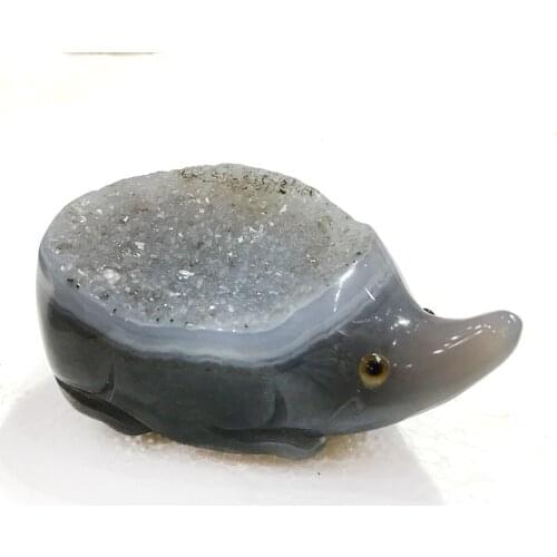 Natural Agate Geode Cluster Hedgehog Figurine Hand Carved Quartz Crystal Animal Statue Healing Crystal Stone Crafts Home Decora