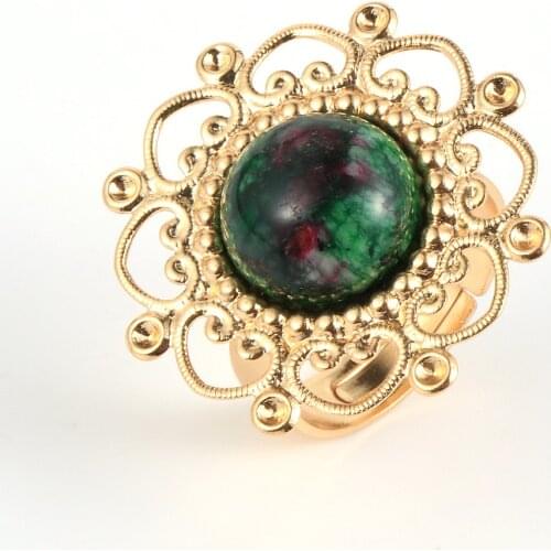 Women Natural Stone Tiger Eye Flower Finger Ring 12mm Round Red Green Gem Crystal Onyx Opal Copper Open Wedding Rings Jewelry