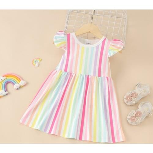 Summer Kids Dresses for Girls Baby Girl Clothing Cotton Flying Sleeve Colorful Rainbow Striped Girls Dresses Baby Clothes 0-6Y