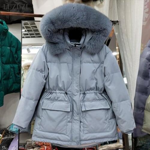 LUZUZI 2021 Down Jacket Female Short Hooded Thick Large Fur Collar White Duck Down Parkas Loose Slim Plus Size Winter Coat Women