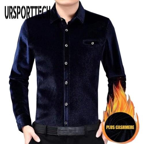 Plus Velvet Shirt Mens Winter Warm Imitation Water Velvet Shirt Men Fashion Casual Retro Long Sleeve Slim Shirt Streetwear Men