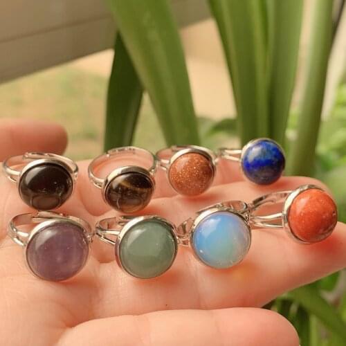 Small Round Natural Stone Rings Open Adjustable Aventurine Lapsi Amethysts Pink Quartz Crystal Women Ring Party Wedding Boho