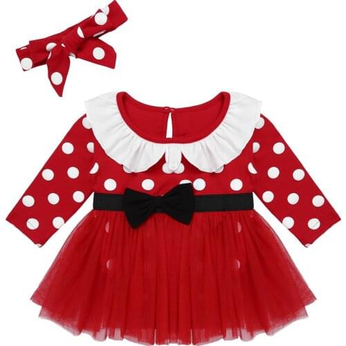 Autumn Baby Girls Clothes Christmas Romper Newborn Girl Ruffle Neck Polka Dot Print Pattern Mesh Dresses Jumpsuit with Headband