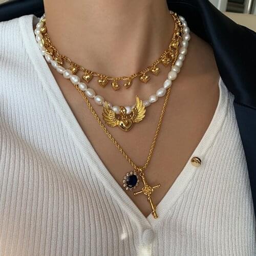 Brass With 18K Gold Real Pearl Heart Wings Cross Pendant NecklacesPunk Party T Show Designer Club Ins Rare Japan Korean