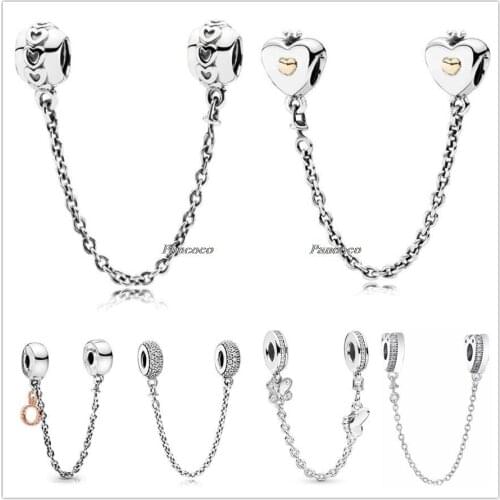 Authentic 925 Sterling Silver Rose Gold Dangling Crown O Clip Safety Chain Bead Fit Pandora Bracelet & Necklace Jewelry