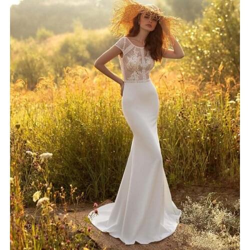 Sexy Backless Mermaid Wedding Dress Women Short Sleeve Summer Long Boho Beach Country Bridal Gowns Illusion Top Appliques Lace