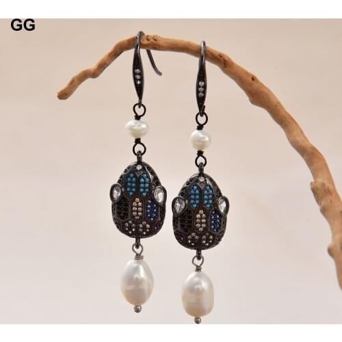 GuaiGuai Jewelry 10x11mm Natural White Keshi Pearl Gunmetal CZ Pave Snake Earrings