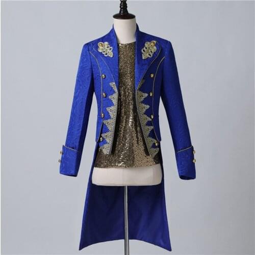 Large Size Tuxedo Youth Slim Sapphire Blue Men Simple Palace Prince Dress Wedding Male Host Dance Performance Clothing