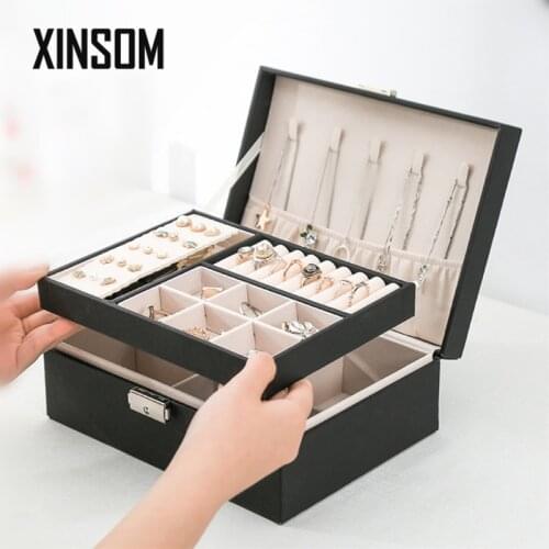 XINSOM Big PU Jewelry Box 3 Colors Double Layers Necklace Earrings Rings Bracelets High Capacity Jewelry Storage Box Casket BX75