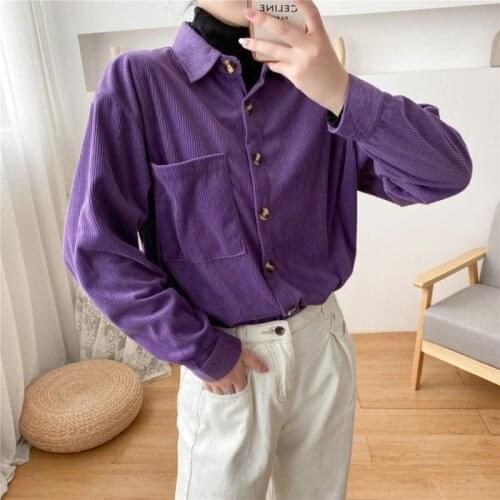 Deeptown Corduroy Blouse for Women Autumn Winter 2021 Fashion Vintage Collared Shirts Women Ladies Long Sleeve Casual Pink Shirt