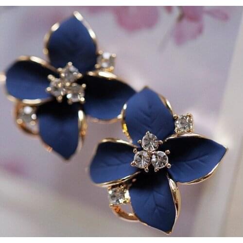 Blue Flower Stud Earrings Ladies Elegant Gold Rhinestone Pierced Earrings Brinco Women Jewelry Gift Fashion
