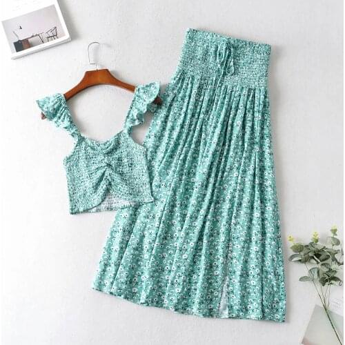 2PCS Women Fashion Set Tank Tops Skirt Boho Floral Sleeveless Crop Top High Waist Pleated Long Maix Skirts Matching Sets Clothes