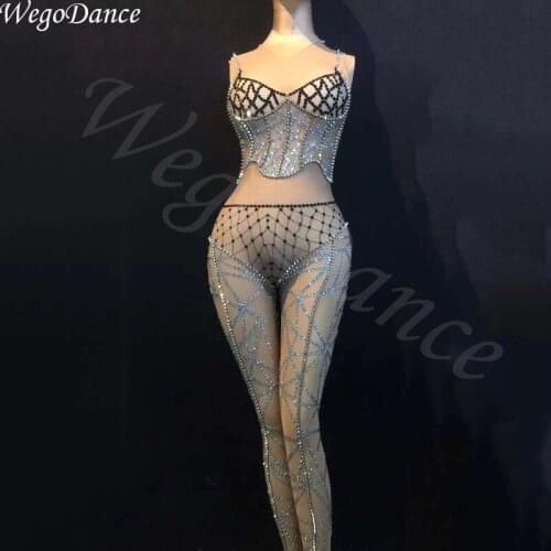 New Crystals Rompers Womens sexy Jumpsuit Party Costume Stage Wear Bodysuit Women Singer Rhinestones gogo singer costumes