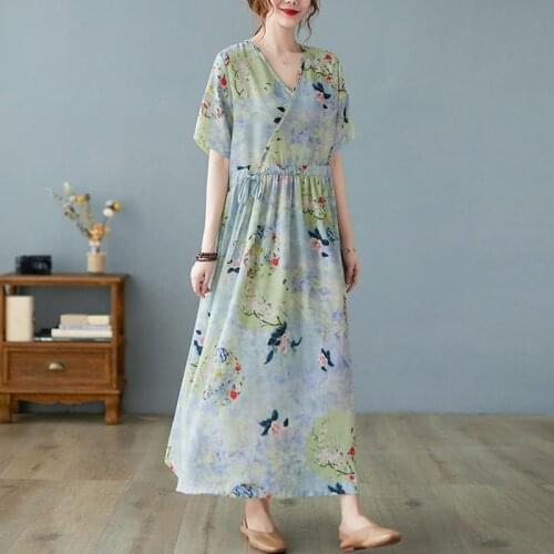 Women Cotton Linen Casual Dress New Arrival 2021 Arts Style Vintage Print V-neck Loose Ladies Elegant A-line Long Dresses B898