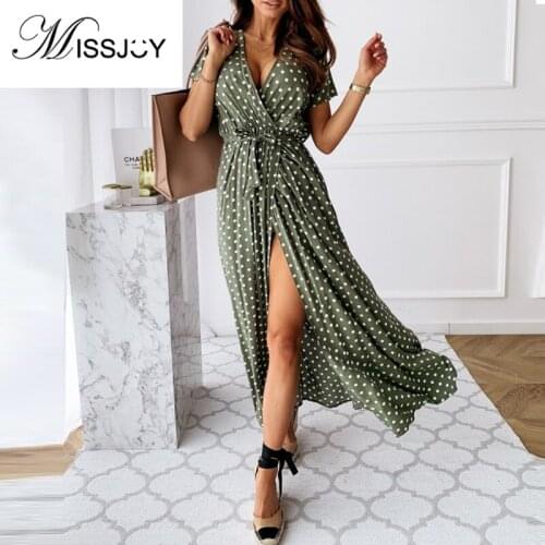 MISSJOY Sexy Long Dresses Women Summer 2020 Beach Bohemian V-Neck Split Short Sleeve Dot Female Sundress High Waist Elegant Pink
