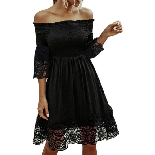 2021 Off Shoulder Lace A-line Dress Women Casual Women Ruffles Floral Solid Flare Sleeve Dress Beach Vintage Elegant Party Dress