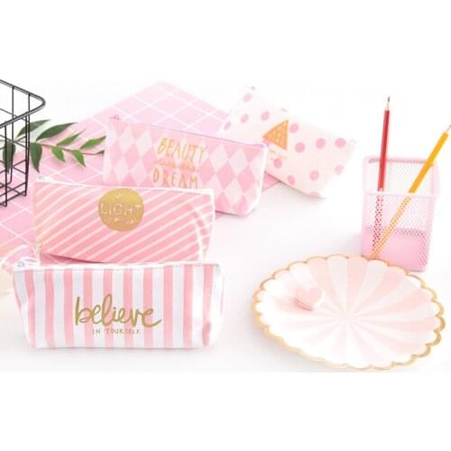 1@#2021New Pink Stripe Pencil Case Cute Pen Bag Stationery School Supplies Children Kids Gift