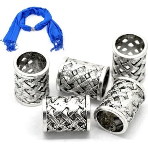 10Pcs Bail Spacer Beads Plait Shape Hollow Round For Wrap Scarf Silver Tone Jewelry DIY Making Finding 29x21mm
