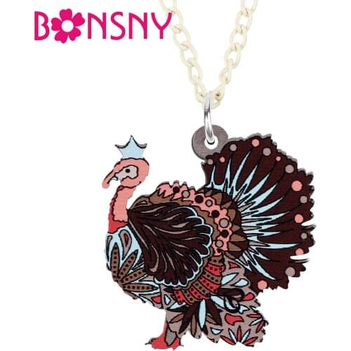 BONSNY Thanksgiving Acrylic Seet Turkey Chicken Necklace Pendant Long Fashion Animals Chain Jewelry For Women Girls Charm Gifts