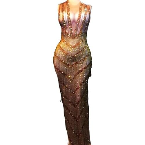 Sparkly Gold Crystals Women Dresses Sleeveless Shiny Tassel Floor-Length Dresses Singer Performance Stage Wear Nightclub Costume