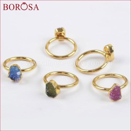 BOROSA 10PCS Freeform Rainbow Druzy Rings for Women, New Fashion Electroplated Gold Drusy Gems Rings Jewelry AS GIFT G1450