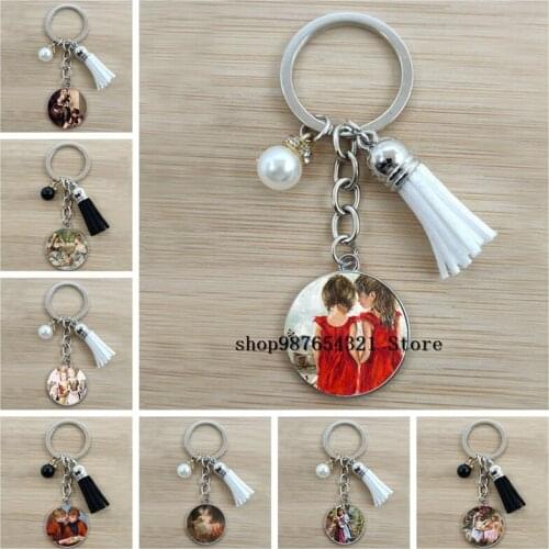 Sisters keychain sisters are best friends round glass pendant handbag keychain gift for female friends jewelry