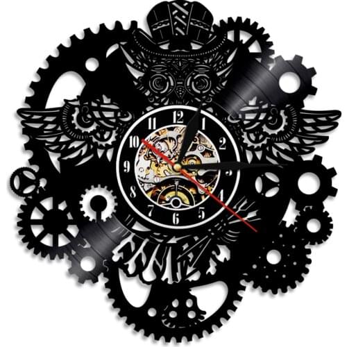 Vintage Vinyl Record Clock Home Decor Gear Cog Night Owl Steampunk Personalized Wall Watch Steampunk Owl Wall Art Wall Clock