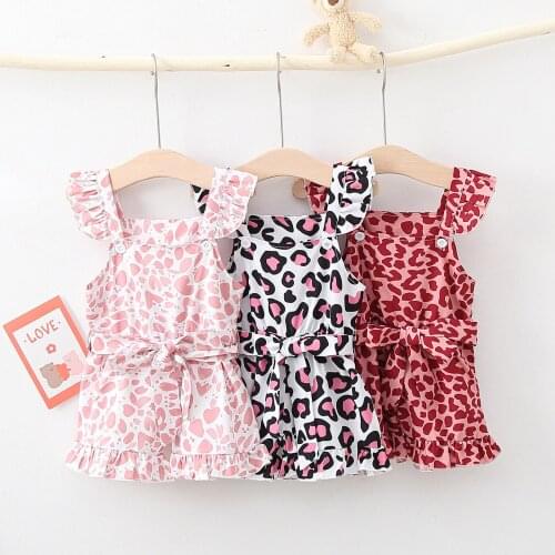 FOCUSNORM Lovely Baby Girls Summer Jumpsuits 3 Colors Leopard Printed Ruffles Short Sleeve Button Bow Belt Rompers