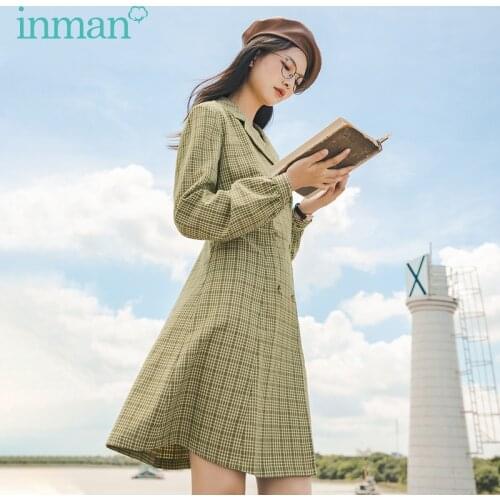 INMAN Autumn Winter Check Suit Korean Style Nipped Waist Double-breasted Literary Fashion Slim Dress