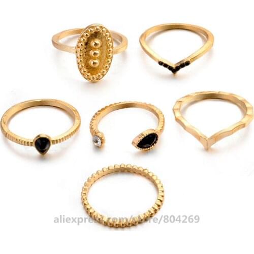 Seal Embossed Water Drop Set Crystal Six-Piece Joint Ring Design Cool Girls Fashion Accessories Rings