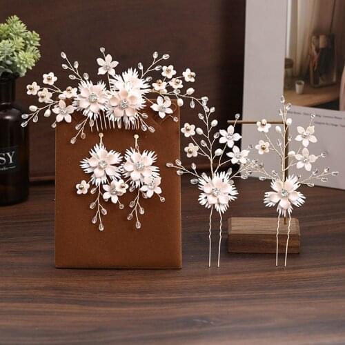 New Korean Fashion Handmade Flower Crystal Pearls Hairpins Hair Combs Earrings Jewelry Sets for Women Girls Bride Wedding Party