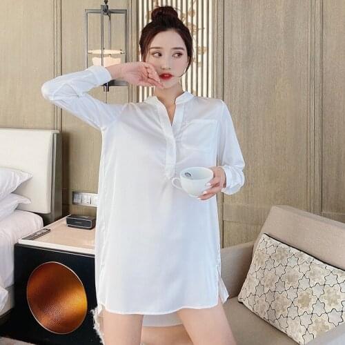 Sexy summer satin silk white nightgown women nightdress Korea long sleeve sleepdress fashion night dress women sleepwear