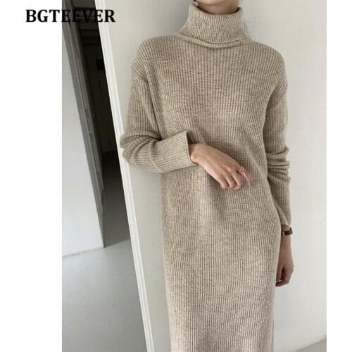 BGTEEVER Casual Turtleneck Knitted Women Dress Autumn Winter Loose Full Sleeve Female Sweater Dress Vintage Ladies Vestidos 2021
