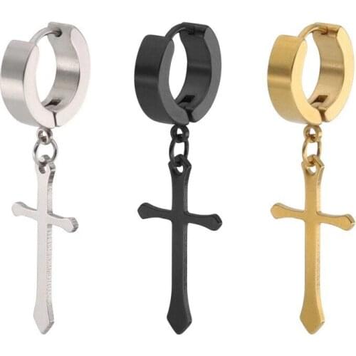 1PC Punk Trendy Stainless Steel Cross Long Hoop Earrings For Men Women Hip Hop Rock Stud Earrings Ear Buckle Jewelry Gift