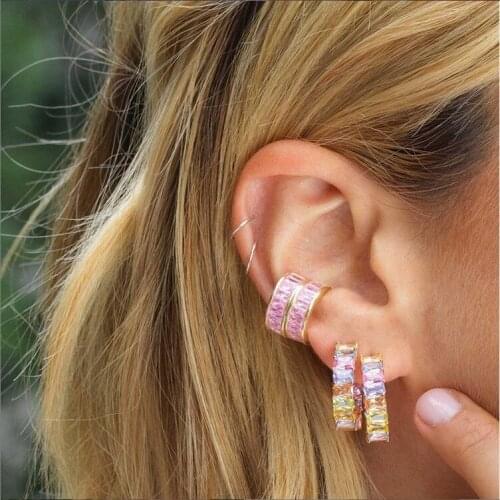 Gold filled rainbow cz hoop earring for lady fashion jewelry colorful square cubic zirconia pink pinky pastel luxury earrings