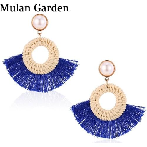 M&G 7 Colors Resin Raffia Alloy Earrings Vintage Ethnic Tassel Weaving Minimalist Jewelry Round Pendant Earrings Christmas Gift
