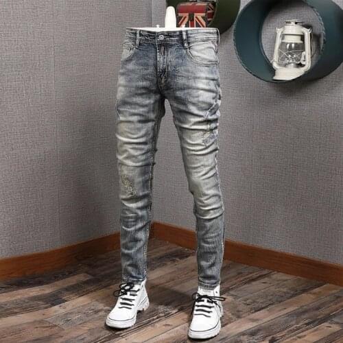 European American Vintage Fashion Men Jeans Retro Wash Elastic Cotton Slim Fit Ripped Jeans Men Distressed Designer Denim Pants