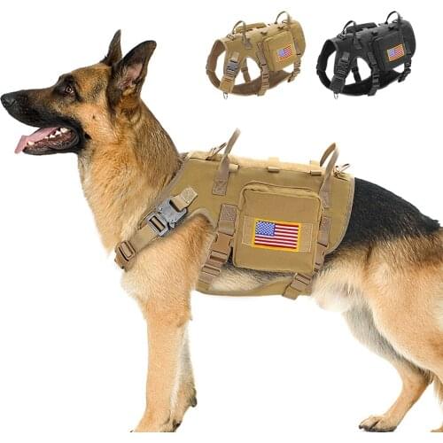 Military Tactical Dog Harness Durable Training Nylon Dog Harness For Medium Large Dogs Outdoor Walking Pet Vest With 2 Pouches
