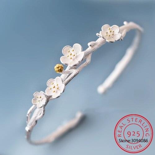 925 Sterling Silver Fashion Simple Plum Blossom Flower Bangle Opening Size Bangle For Anniversary Gifts S-B239