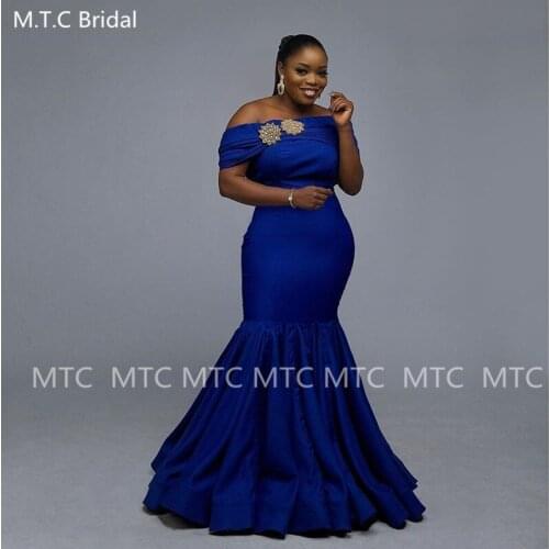 Elegant Royal Blue Mermaid Bridesmaid Dress Long Off The Shoulder Gold Beads Black Women Wedding Party Dresses Plus Size
