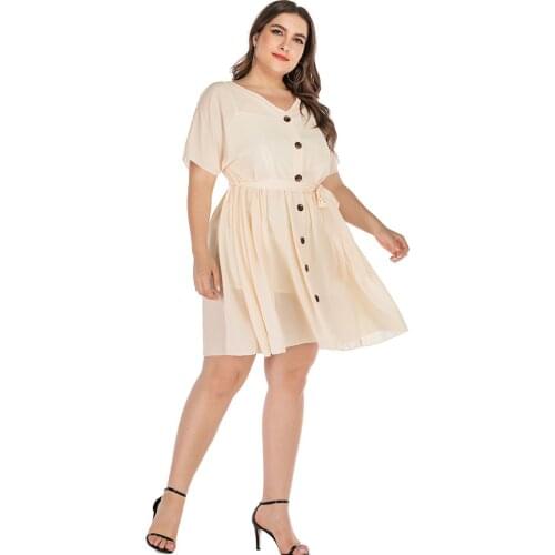 Dress Women Summer Big Size V Neck 2021 Short Sleeve A Line Slim Buttons Knee Length Skirt Bandage Apricot Home Leisure Vacation