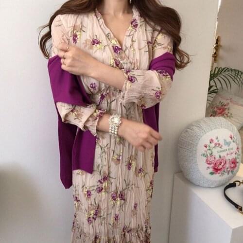 Flower V-neck Pleated Dress Autumn Long Sleeve Party Dress Chic Elegant Dresses for Women Chiffon High Waist Vestido Mujer 15851