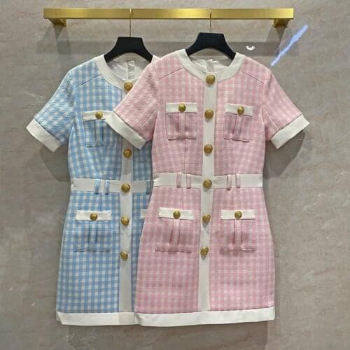 Spring Autumn 2021 Runwats New Designer womens High quality Short sleeves plaid tweed dress B953
