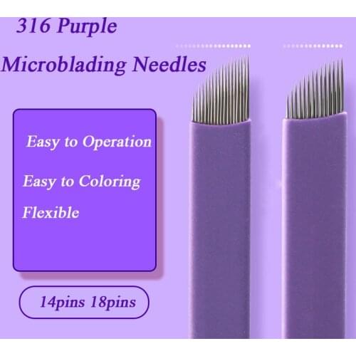 50pcs Professional Eyebrow Microblading Needles 14pins 0.19mm Purple Disposable Tattoo Blade for Tattoo Manual Pen Makeup Tool