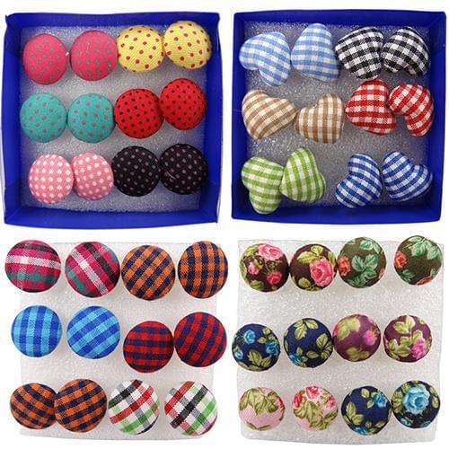 6 Pairs Vintage Colorful Cloth Button Plastic Pin Ear Studs Earrings Jewelry 4XC9