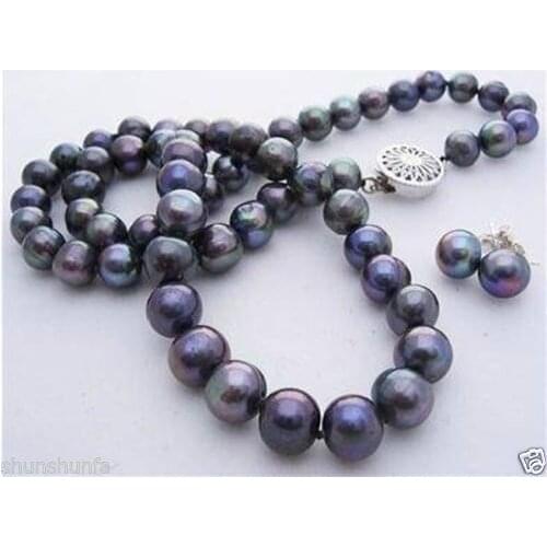 7-8mm Black Freshwater Cultured Pearl Necklace Earring 17"