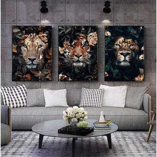 Flower Animal Lion Tiger Deer Leopard Abstract Canvas Painting Wall Art Nordic Print Poster Decorative Picture Living Room Decor