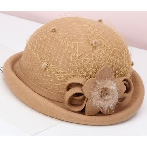 H732 Autumn Winter Fedoras Hat Lady Elegant Fashion Wool Flower Gauze Curling Basin Cap Women Retro Church Fur Ball Warm Hats